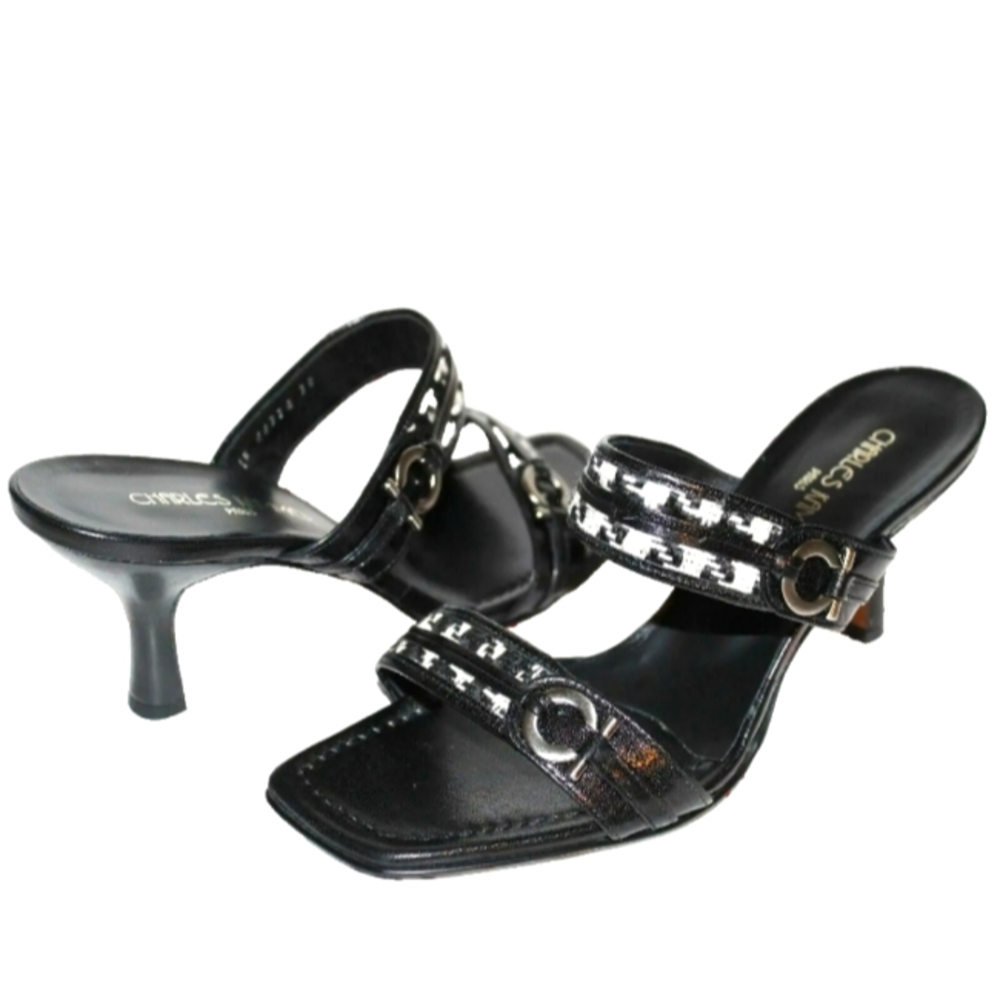New Charles Kammer Paris Tweed Black Leather Square-Toe Heeled Sandal 7.5 US 38